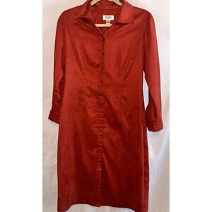 Talbots Women Sz 6P Suede Midi Dress Rust Color Snap Button Long Sleeve Collared